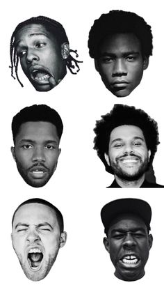 the faces of four black men with different facial expressions and haircuts on them