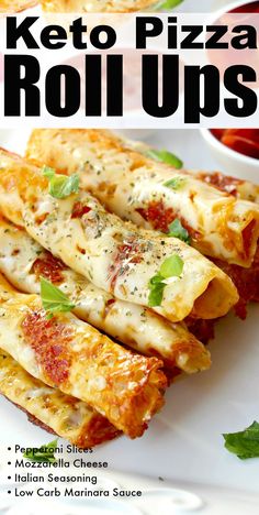 keto pizza roll ups on a white plate with parsley and tomato sauce in the background