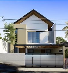 the front view of a two story house with an attached garage and parking lot area