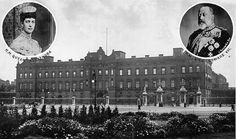 an old black and white photo of two people in front of a large building