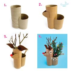 four different types of toilet paper cups with reindeer heads on them and trees in them