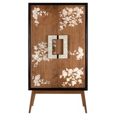 a wooden cabinet with white flowers on it and a black frame around the letter d