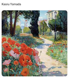 an image of a painting of flowers on the side of a road with trees and buildings in the background