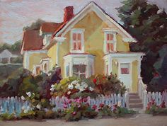 an oil painting of a yellow house with flowers in the foreground and a white picket fence