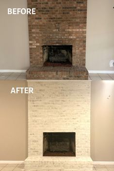 before and after pictures of a brick fireplace