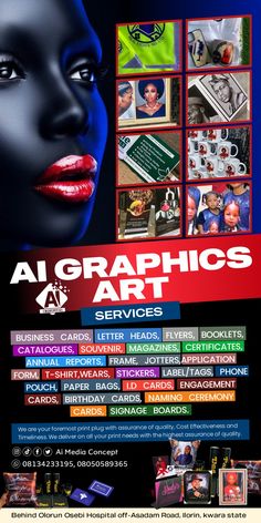 an advertisement for graphics art services with images of women's faces and their names