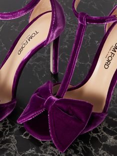 Purple Brigitte bow-embellished velvet sandals | TOM FORD | NET-A-PORTER Luxury Party Sandals With Satin Bow, Luxury Bow Straps Sandals For Party, Luxury Bow Sandals For Cocktail, Luxury Bow Sandals For Cocktail Occasions, Luxury Cocktail Sandals With Bow, Velvet Evening Heels, Velvet Heels For Evening, Velvet Heels For Party, Velvet Sandals