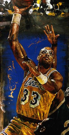 a painting of a basketball player about to dunk the ball