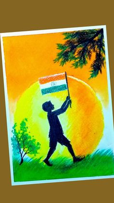 a drawing of a man holding a flag in front of an orange and yellow background