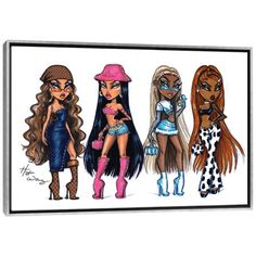 three cartoon girls with long hair and different outfits are standing next to each other in front of a white background