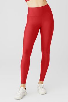 Just as perfect for out and about as they are for a good sweat session. These leggings are made from Airlift—our most compressive, supportive fabric with a sheeny finish and four-way-stretch for a glove-like fit. The high-rise waistband is double-layered for a sleek look, and the full-length legs are designed to hit at the ankle. Choose your favorite color(s) and get ready to wear yours on repeat. Alo Yoga Leggings, Celestial Blue, Lace Up Leggings, Red Leggings, Cute Bras, Alo Yoga Pants, Red Fits, Red Sneakers, Black High Waist