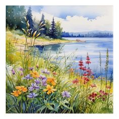 a painting of wildflowers and other flowers by the water with trees in the background