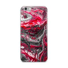 an iphone case with red and black marble