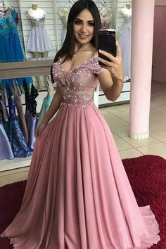 Gaun Koktail, Cap Sleeve Prom Dress, Formal Prom Dresses Long, Prom Dresses 2020, Pink Prom Dress, Lace Formal Dress, Elegant Prom Dresses, Pink Chiffon, Beaded Chiffon