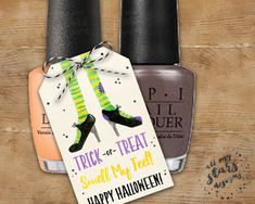 "Please be sure to read the entire description before purchase and type \"Yes\" in the personalization box. .★* Trick or Treat, Smell My Feet! Nail Polish Hanging Tag .★* Trick or Treat is not just for the kiddos! Perfect for friends and co-workers and You've Been Boo'ed gifts! Tag is approximately 2\" x 3.\" ✦✦IMPORTANT NOTE✦✦ This listing is for a digital file only. No physical items will be printed, mailed, or emailed to you. You are responsible for downloading your order. This is NOT AN EDIT Feet Nail Polish, Teacher Gift Bags, Lemon Treats, Boo Gift, You've Been Booed, Drink Tags, Lemonade Drinks, Halloween Favors, Halloween Tags