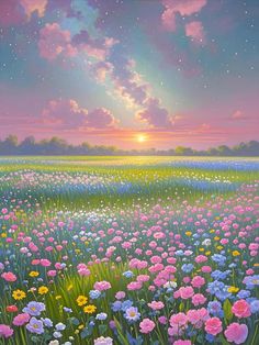 a painting of a field full of flowers with the sun setting in the sky behind it