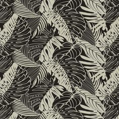 an abstract black and white pattern with leaves