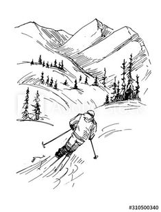 a skier going down the mountain slope with trees and mountains in the background, hand drawn