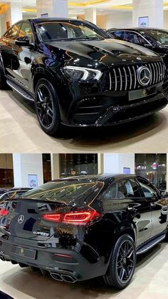 two pictures of cars parked in a showroom, one is black and the other is silver