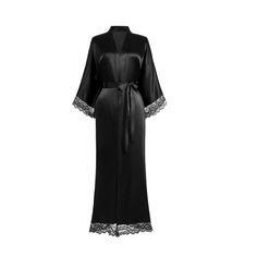 Fabric: Polyester Sash Tie Closure, Belt Loops And Inside Ties Sizing: Bust - 26.5" Robe Length - 53" Sleeve Length - 10" Hand Wash In Warm Or Cold Water. From A Pet-Free, Smoke-Free Environment. Black Silk Robe, Satin Kimono, Silk Robe, Black Tie Event, Sleepwear Robe, Lace Edging, Black Silk, Black Satin, Black Long Sleeve