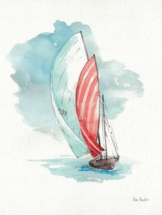 a watercolor painting of a sailboat with red and white stripes on the sails