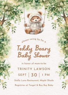 a teddy bear baby shower is shown with greenery around it and the words, teddy bear baby shower