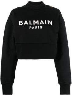 black cotton jersey fleece logo print to the front crew neck long sleeves fitted-cuff sleeves cropped Conscious: This item is made from at least 50% organic materials Balmain Sweater, Organic Logo, Bold Logo, Balmain Paris, Jersey Sweatshirt, Organic Materials, Cropped Sweatshirt, Leather Cap, Sweaters Knitwear