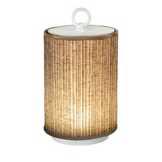 a lamp that is sitting on top of a white base with a bamboo shade over it