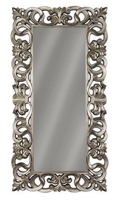 an ornate silver framed mirror on a white background