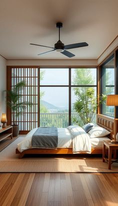 a bedroom with a large bed and wooden flooring next to a window that looks out onto the mountains