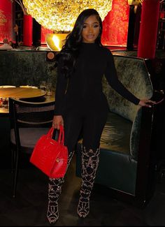 Birthday Outfit Winter Black Women, Cute Winter Birthday Outfits For Women, Black Outfit With Red Accessories, Snake Skin Boots Outfit Black Women, Booties And Dress Outfit, Cute Swag Outfits Winter, Cold Weather Birthday Outfit, Black Boots Outfit Black Women, Date Night Outfit Winter Black Women