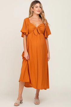 Rust Front Tie Ruffle Sleeve Maternity Midi Dress – PinkBlush Retro Maternity Dress, Spring Maternity Dress, Pregnancy Dresses Summer, Orange Maternity Dress, Bump Friendly Dress, Fall Maternity Dress, Summer Maternity Dress, Maternity Dress Wedding Guest, Pregnancy Dresses