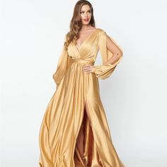 Beautiful Gold Satin Gown With Wrap Front Top, Built In Cups, And Slashed Sleeves To Provide A Fun Flash Of Skin. Hidden Zipper Closure On Back To Ensure It Fits The Bodice. I Love This Dress, But It Just Doesn’t Suit My Body Type! I Would Love For It To Find A Home With Someone Who Will Wear It Out And Make It Shine. Gold Dress Long Classy, Gold Dress Long Sleeve, Liquid Satin Dress, Gold Satin Dress, Gold Formal Dress, Dresses Gold, Goddess Gown, Queen Dresses, Liquid Satin