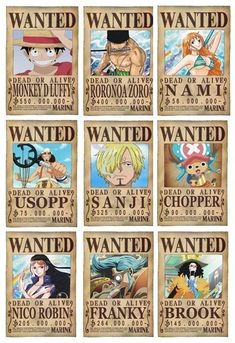 the seven avatars from one piece of anime are shown in this poster, which reads wanted