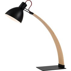 a black and wooden desk lamp on a white background with a red light in the corner