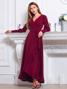 Burgundy Long Wrap Dress Bridesmaid Dress Cocktail Dress | Etsy Chic V-neck Evening Maxi Dress, Elegant V-neck Midi Evening Dress, Elegant V-neck Midi Dress For Prom, Elegant Flowy V-neck Dress, Chic Flowy V-neck Evening Dress, Chic V-neck Prom Gown, Elegant Midi Length Prom Dress, Chic V-neck Bridesmaid Evening Dress, Elegant V-neck High Low Party Dress