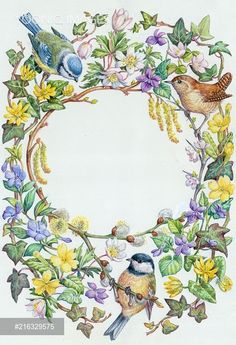 two birds sitting on a branch surrounded by flowers and leaves with a white circle in the middle