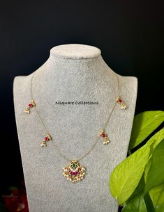 -Fall in love with this simple AD / CZ gold kemp charm necklace ONLY  ! -Will suit very well for ethnic dresses for parties, weddings, and gatherings! Care Instruction : Avoid Heat & Chemicals Like Perfume, Deo, Alchol, Etc. | Clean With Dry Cotton Cloth | Pack In An Air Tight Container After Use Invisible Chain Necklace, Invisible Jewelry, Invisible Necklace, Indian Necklace, Pearl Jewelry Necklace, Cute Charms, Flower Jewellery, Charm Jewelry, Necklace Set