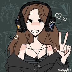 a girl wearing headphones making the peace sign with her hand and holding up two fingers