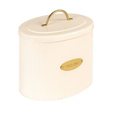 a white box with a gold handle on the top and bottom, sitting against a white background