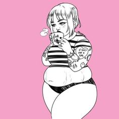 a drawing of a woman with tattoos on her stomach drinking from a cup and looking at the camera