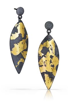 Gold & Silver Earrings - Bright or Oxidized hydraulic-pressed sterling earrings with 23k gold keum-boo patterns that have been spontaneously applied.<br><br> Sterling silver posts. <br><br>Small: 1.5l, 0.38w, 0.2d<br>Large: 1.8l, 0.5w, 0.2d Modern Gold Earrings With Oxidized Finish, Gold Teardrop Earrings With Oxidized Finish, Black Cat Superstition, Mid Century Modern Jewelry, Silver Gold Earrings, Keum Boo, Porcelain Earrings, Jewelry Artist, Artful Home