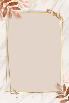 a square gold frame on a marble background with leaves and branches in the corner,