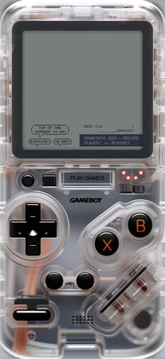 an old gameboy with buttons and controls in it's plastic case, on display