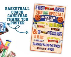 a basketball coach candy bar poster with an arrow pointing to it's back side