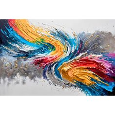 an abstract painting with multicolored paint streaks on it's side and black background