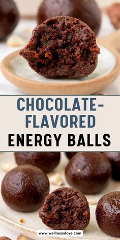 chocolate - flavored energy balls on a plate with the words, chocolate - flavored energy balls