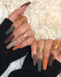 Simple Long Nails Coffin, Fall Nails Colors Matte Autumn, Fall Color Gel Nail Designs, Autumn Nails Long Coffin, Autumn Nails Different Colors, Acrylic Nail Fall Colors, Acrylic Nail Designs Tips Ideas, Witchy Nails For Fall, Acrylic Nail Halloween Designs