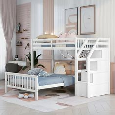 a white bunk bed sitting in a bedroom next to a window