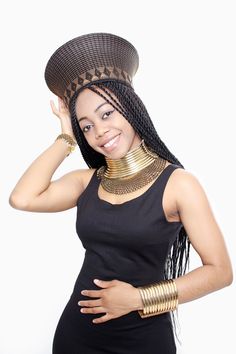 Get this complete look for a special price. You will receive ONE Zulu hat, ONE gold Ndebele Choker, ONE Ndebele Bracelet and one beaded necklace. The Zulu hat is available in red, yellow, Black and white, Gold and Orange. Zulu Hat, African Choker, Choker Outfit, Wedding Party Outfits, Gold Hats, Traditional Attire, Choker Collar, Jewelry Choker, Ankara Styles